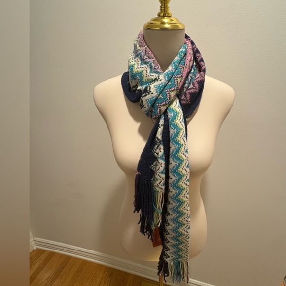 Missoni Italy Zigzag Knit Wool Blend Scarf | Multicolor Fringe - Picture 3 of 5
